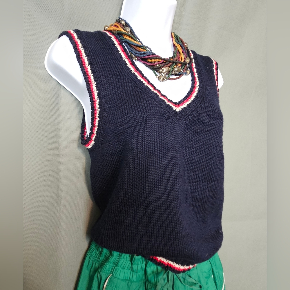 Upcycled Vintage Tennis Knit Vest with Red and White Preppy Trim